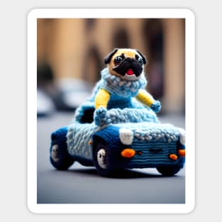 A knitted pug dog driving a woolly convertible car Sticker